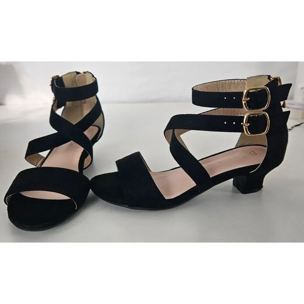 Girls Sz 13 Little Kid Black High Heel Sandals Cross Strap Wedding Party Church